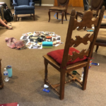 Items in the middle of a circle of chairs