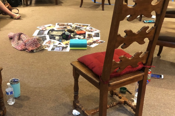Items in the middle of a circle of chairs