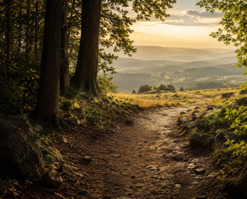 A sunlit dirt path leading from a shaded forest into open rolling hills.