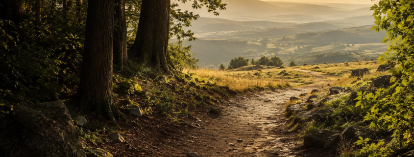 A sunlit dirt path leading from a shaded forest into open rolling hills.