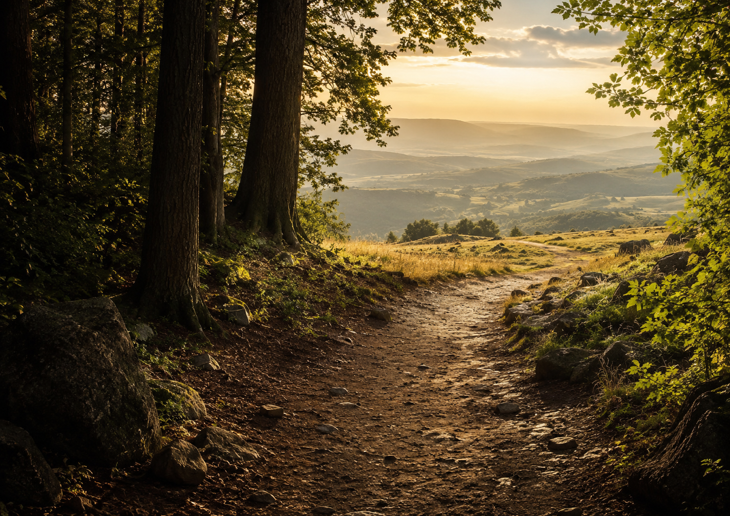 A sunlit dirt path leading from a shaded forest into open rolling hills.