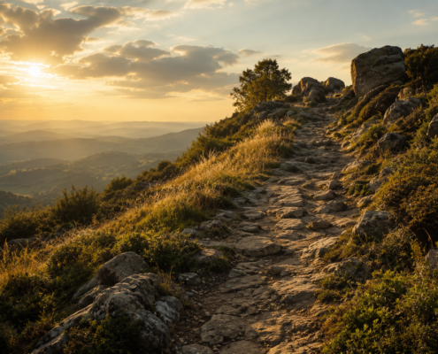 A rocky uphill trail winding through sunlit grasses and hills.