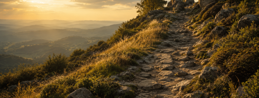 A rocky uphill trail winding through sunlit grasses and hills.