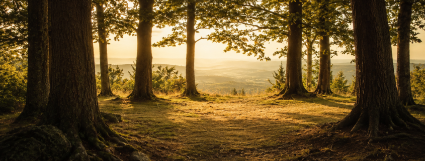 A sunlit forest clearing surrounded by tall trees, with warm light opening through the center.
